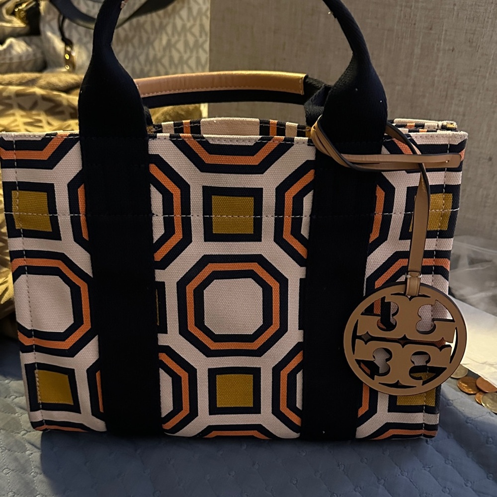 Tory Burch Black and Gold Geometric Tote